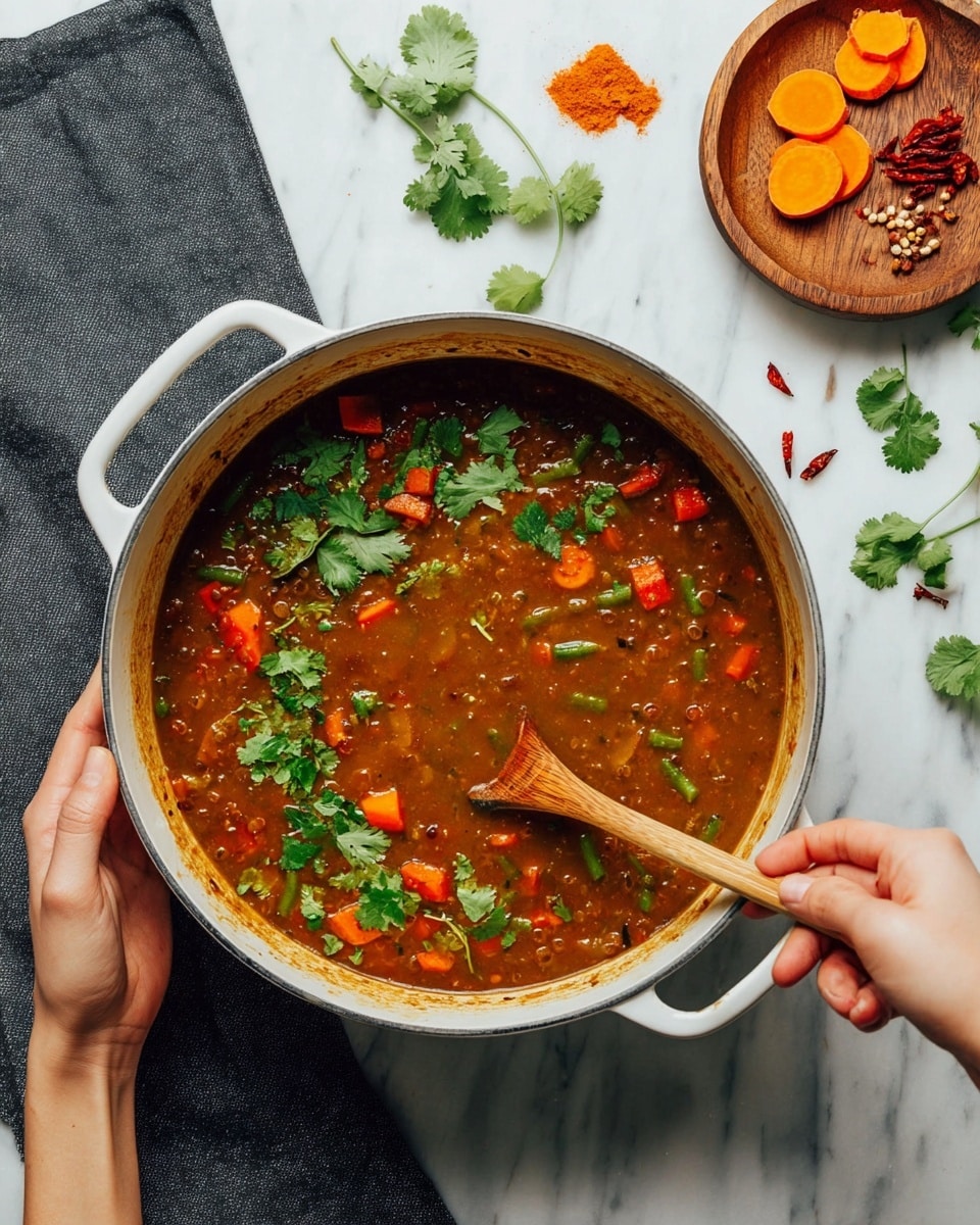 A large white pot filled with a thick brown soup that has visible chunks of orange carrots, green beans, and lentils, garnished with green cilantro leaves scattered on top. A wooden spoon rests inside the pot, stirring the soup. Two woman's hands hold the pot on opposite sides. The pot is placed on a white marbled surface with a dark gray cloth underneath the left side. In the top right corner, there is a small wooden tray with round slices of orange sweet potato, green cilantro sprigs, dried red chili peppers, and bright orange powder with a wooden spoon on the surface. A few small cilantro leaves and red chili pieces are scattered around the pot. Photo taken with an iphone --ar 4:5 --v 7