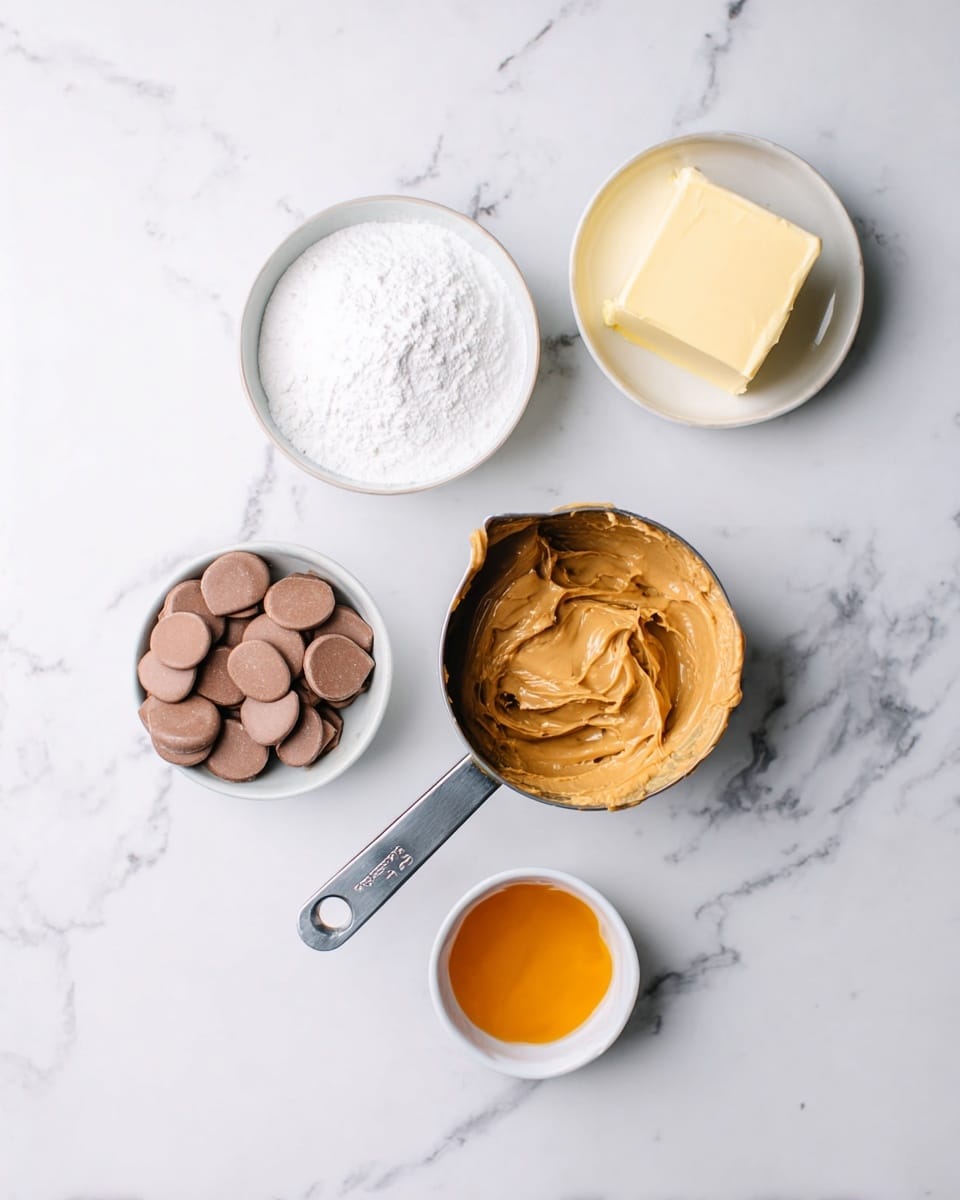 The image shows five cooking ingredients placed on a white marbled surface. At the top center is a small white bowl with a stick of pale yellow butter. Below it and slightly to the left is a white bowl filled with white powdered sugar. To the right of the sugar is a metal measuring cup filled with creamy peanut butter, smooth and light brown in color. Below the peanut butter is a tiny white cup with orange liquid, likely vanilla extract. At the bottom left is a white bowl filled with round, light brown chocolate discs. The layout is simple and clean with a bright and natural light. Photo taken with an iphone --ar 4:5 --v 7