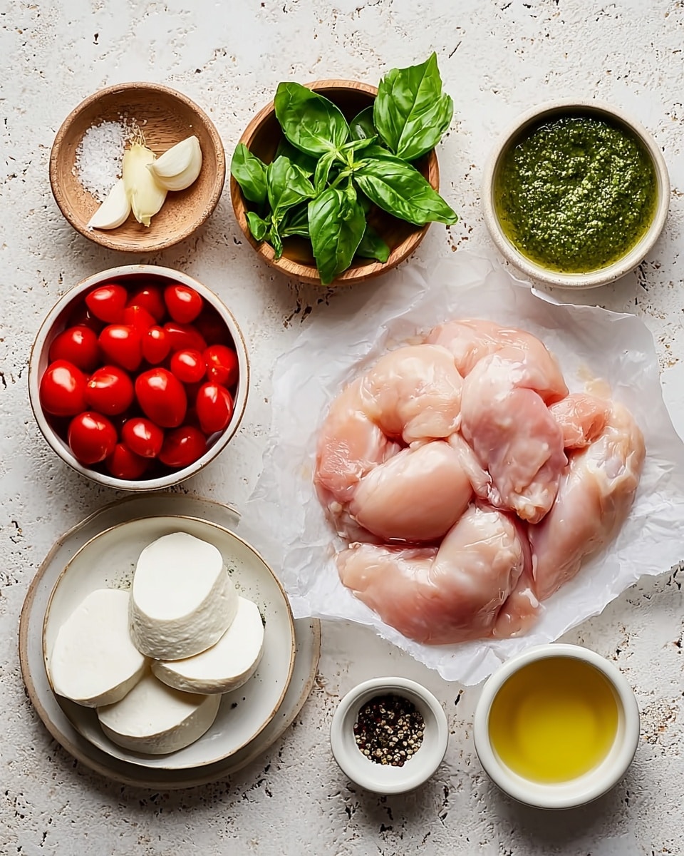 The image shows fresh ingredients arranged neatly on a white marbled surface. In the center right, there are raw chicken pieces placed on white parchment paper, showcasing a light pink and smooth texture. Surrounding the chicken are various small white and wooden bowls: a bowl of bright red halved cherry tomatoes below the chicken, a white plate with three slices of creamy white mozzarella cheese at the bottom left, and a wooden dish holding large green basil leaves above the cheese. Additional small bowls contain coarse salt in a black dish, cracked black pepper in a wooden bowl, minced garlic, a pale yellow liquid (likely oil), a small amount of white liquid, a vibrant green pesto-like sauce, and another bowl of golden yellow liquid, all positioned around the chicken. The layout is clean and balanced, highlighting the fresh, vibrant colors and textures of each ingredient. photo taken with an iphone --ar 4:5 --v 7