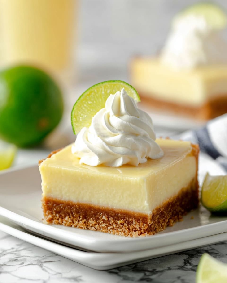 The image shows a square slice of pie with two layers on a white plate placed on a white marbled surface. The bottom layer is thick and brown with a crumbly texture. The top layer is smooth and pale yellow, possibly creamy. On top of the slice is a swirl of white whipped cream with a small lime wedge tucked into it. In the background, there is a whole lime and another slice of pie also on a white plate, slightly blurred. Photo taken with an iphone --ar 4:5 --v 7