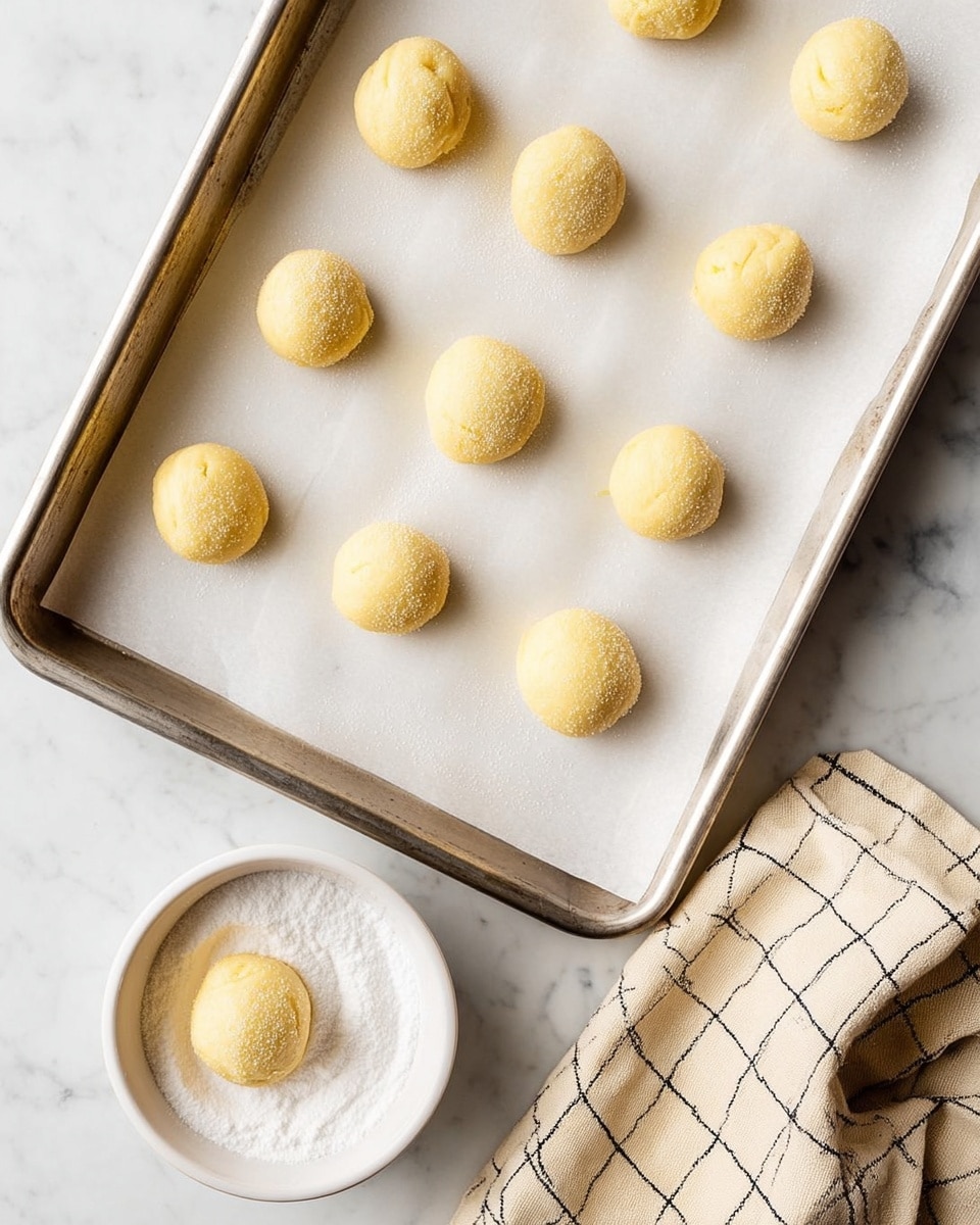 A metal baking tray lined with white parchment paper holds ten yellow dough balls spread evenly across its surface, each ball smooth with a light dusting of sugar or flour giving a delicate texture. To the bottom left, a white bowl filled with granulated sugar cradles one more dough ball resting gently on top. On the right side of the image, part of a beige cloth with a black grid pattern is visible on a white marbled surface, adding softness to the scene. The overall look is clean and simple, with soft natural lighting highlighting the pale yellows and whites. Photo taken with an iphone --ar 4:5 --v 7