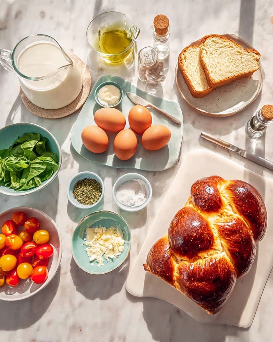 The image shows ingredients for a recipe arranged neatly on a white marbled surface. On the left, there is a clear measuring jug with milk, a small white bowl with fresh green basil leaves, a small white bowl with grated cheese, and small pale blue bowls with dried herbs and garlic powder. In the center, there is a white plate holding five brown eggs. To the right, on a white cutting board, are two slices of golden toasted bread and a large braided loaf of golden brown bread with a shiny crust. Nearby, a white bowl contains a mix of red, yellow, and orange cherry tomatoes, and a knife with a white handle is partially visible. There are also small glass containers with olive oil and balsamic vinegar, plus a small dish with salt and pepper. Bright natural light creates soft shadows, emphasizing the fresh and warm colors of the ingredients. Photo taken with an iphone --ar 4:5 --v 7