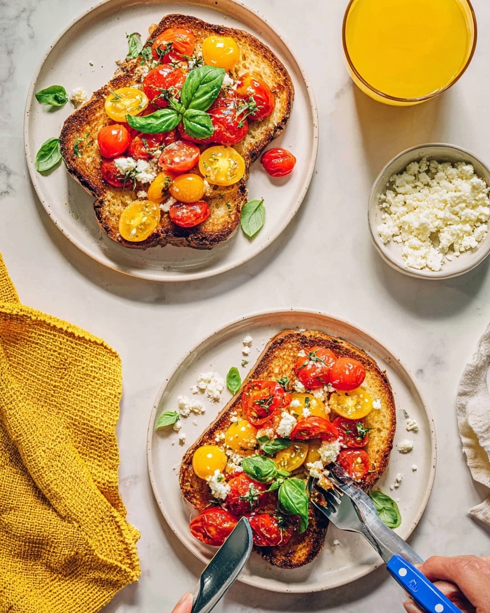 The image shows two white plates placed on a white marbled surface, each with a thick slice of golden-brown toasted bread as the base layer. On top of the toast, there is a colorful mix of roasted cherry tomatoes in red and yellow, with bright green fresh basil leaves scattered around. Some small white crumbles, likely cheese, are sprinkled on the tomatoes and toast. A fork and knife with blue handles are actively cutting a piece from the toast on the bottom plate. To the right, there is a small white bowl filled with more cheese crumbles, and a glass of orange juice is partially visible, sitting on a yellow textured cloth. The overall scene is bright and inviting with natural light. photo taken with an iphone --ar 4:5 --v 7