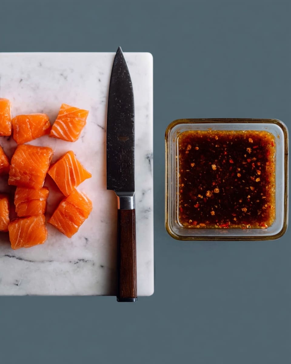 The first image shows small pieces of orange salmon neatly placed on a white marbled surface with visible white lines and stripes on the fish flesh. Next to the salmon pieces, a long, sharp knife with a dark handle rests on the white marbled surface. The second image depicts a clear rectangular glass container filled with a dark brown liquid sauce that has small bits of spices and herbs floating within. The container is also placed on a white marbled surface. photo taken with an iphone --ar 4:5 --v 7