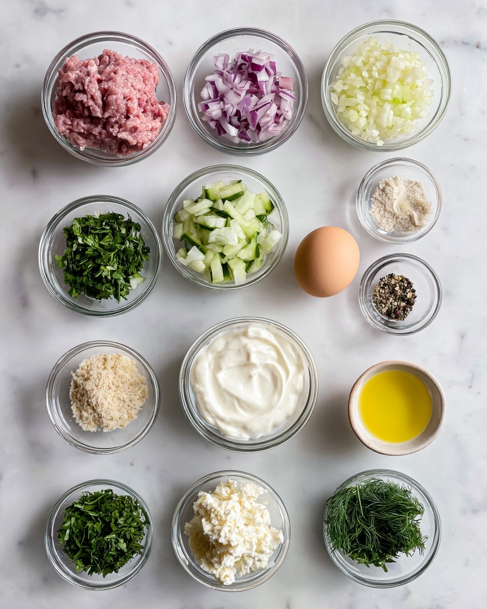 The image shows a collection of small clear glass bowls and one clear glass bowl with raw lamb, all placed on a white marbled surface. The top row has three bowls: one with pinkish raw lamb, one with finely chopped purple and white red onion, and one with finely minced pale yellow garlic. Below, from left to right, are small bowls with chopped green parsley and mint, a single brown egg in a clear bowl, light beige panko crumbs, and a tiny bowl containing salt and black pepper. The next row features a large bowl of creamy white yogurt, a clear bowl with small chunks of light green cucumber, a small cup of yellow lemon juice, and another small bowl of minced garlic. The bottom row contains small bowls with chopped dark green dill, crumbled white feta cheese, and fresh dark green parsley. photo taken with an iphone --ar 4:5 --v 7
