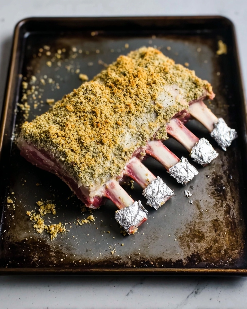 A raw rack of ribs with five bones showing on the right side sits on a dark metal baking tray with a white marbled background. The ribs are covered with a thick, rough light yellow-green herb and breadcrumb mixture on the top, with some crumbs scattered around on the tray. The three rib bones on the far right are wrapped in small pieces of shiny silver foil. The meat is pinkish red and visible around the covered area, and the surface of the tray has some dark stains and marks. photo taken with an iphone --ar 4:5 --v 7