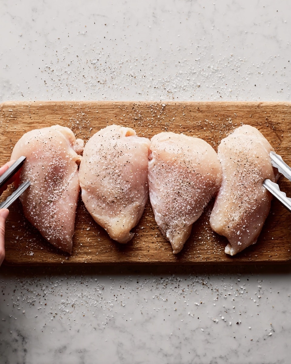 Four raw chicken pieces lie side by side on a wooden cutting board, each sprinkled evenly with coarse salt and black pepper, giving a textured white and dark speckled look on the pale pink surface. A pair of tongs held by a woman's hand grips the chicken piece on the far left. The cutting board rests on a white marbled surface, lightly scattered with grains of salt, adding a simple, clean kitchen setting. photo taken with an iphone --ar 4:5 --v 7