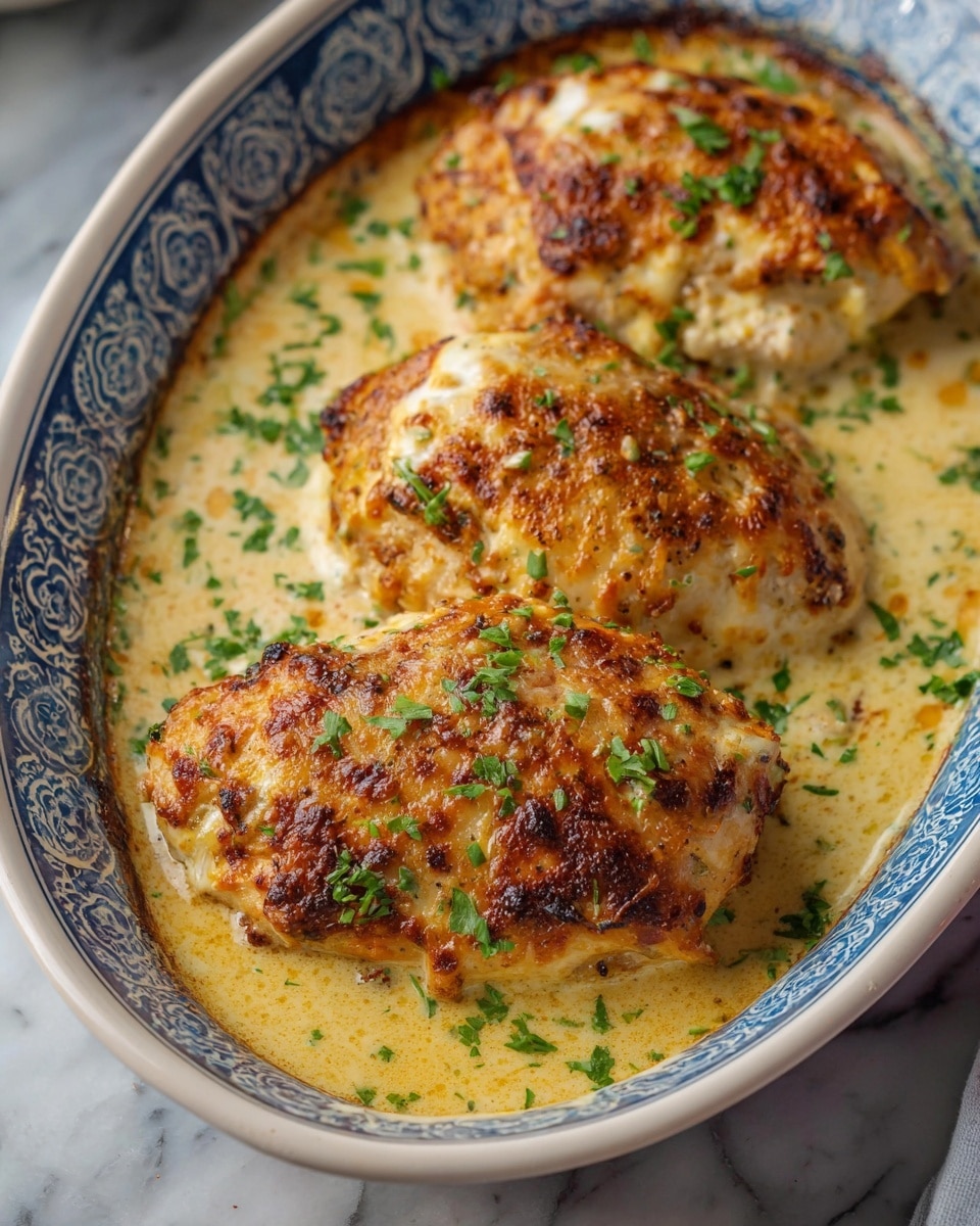 The image shows three golden brown baked pieces of chicken, each covered with a crispy, slightly browned cheese crust. They sit in a shallow pool of creamy, pale yellow sauce that looks rich and smooth. Small bright green chopped herbs are sprinkled over the chicken and sauce, adding a fresh contrast. The dish is presented in a white ceramic oval baking dish with a detailed blue pattern around the edge. The background is a white marbled surface, adding a clean and elegant look to the setting. photo taken with an iphone --ar 4:5 --v 7