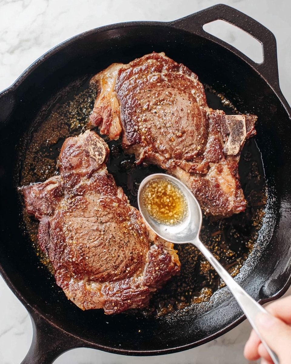 The image shows two large browned steaks cooking in a black cast-iron pan. The steaks have a well-seared crust with visible seasoning and fat around the edges. One steak is positioned near the top left of the pan, while the other is near the bottom right. A woman's hand holds a metal spoon, scooping some golden brown cooking juices over the steak on the lower right. The pan surface shows rich caramelized bits and a shimmering layer of oil. The background is a white marbled texture. photo taken with an iphone --ar 4:5 --v 7