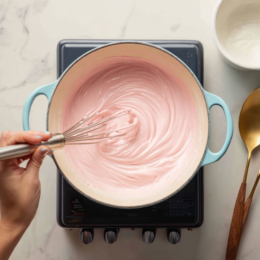 A close-up photo shows a woman's hand holding a whisk and stirring smooth, light orange batter inside a light blue cast iron pot with white inside. The pot is placed on a black electric stove, and it sits on top of a white marbled surface. There is another woman's hand holding the pot's handle for support. You can see parts of a white bowl with a gold spoon and a wooden utensil handle on the right side of the image. The batter is thick and creamy, filling most of the pot with swirls made by the whisk. photo taken with an iphone --ar 4:5 --v 7