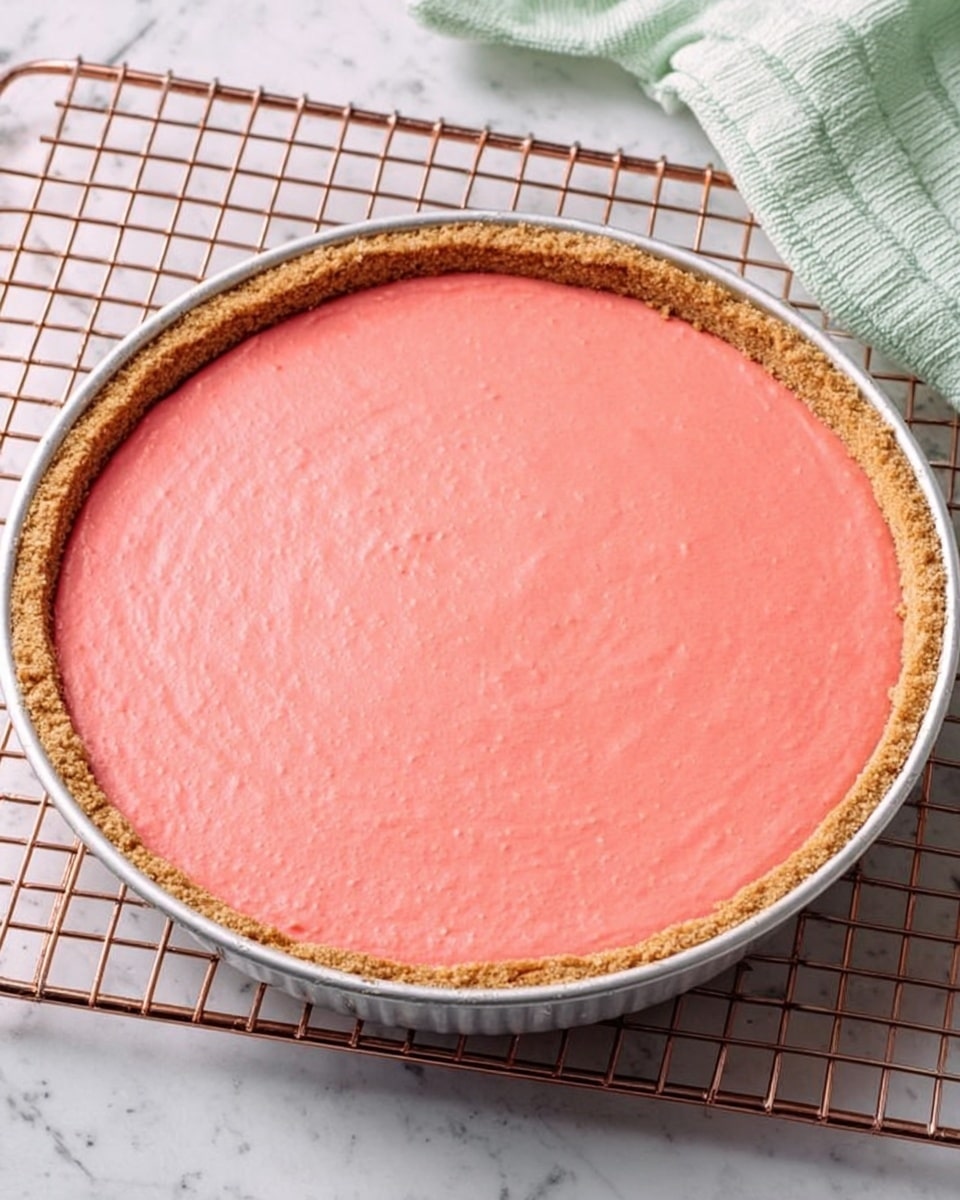 The image shows a round tart with two layers. The bottom layer is a rough, crumbly crust with a light brown color. On top of the crust is a smooth, even layer of bright pink filling spread evenly across the surface. The tart is in a shiny silver tart pan and sits on a copper cooling rack. The background is a white marbled texture with a light green and white cloth on the right side. photo taken with an iphone --ar 4:5 --v 7