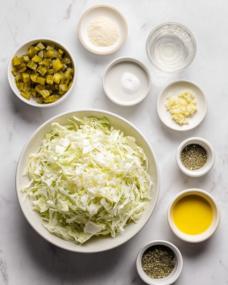 A top view of several small white bowls arranged on a white marbled surface, each containing a different ingredient. The largest white bowl in the center is full of thinly shredded pale green cabbage with white veins. To the left of it is a medium-sized white bowl filled with small diced pieces of green pickles. Above the cabbage bowl, from left to right, there is a small white plate with a light beige creamy substance, a clear glass with a transparent liquid, a white bowl with a divided mixture of white and light beige powders, a small white cup with bright yellow mustard, and a white bowl with white creamy substance. Below and slightly to the right of the cabbage bowl are two very small white bowls, one holding light yellow minced garlic and the other dark green dried herbs. All bowls and plates are clean and neatly arranged with the light reflecting softly on their surfaces. photo taken with an iphone --ar 4:5 --v 7