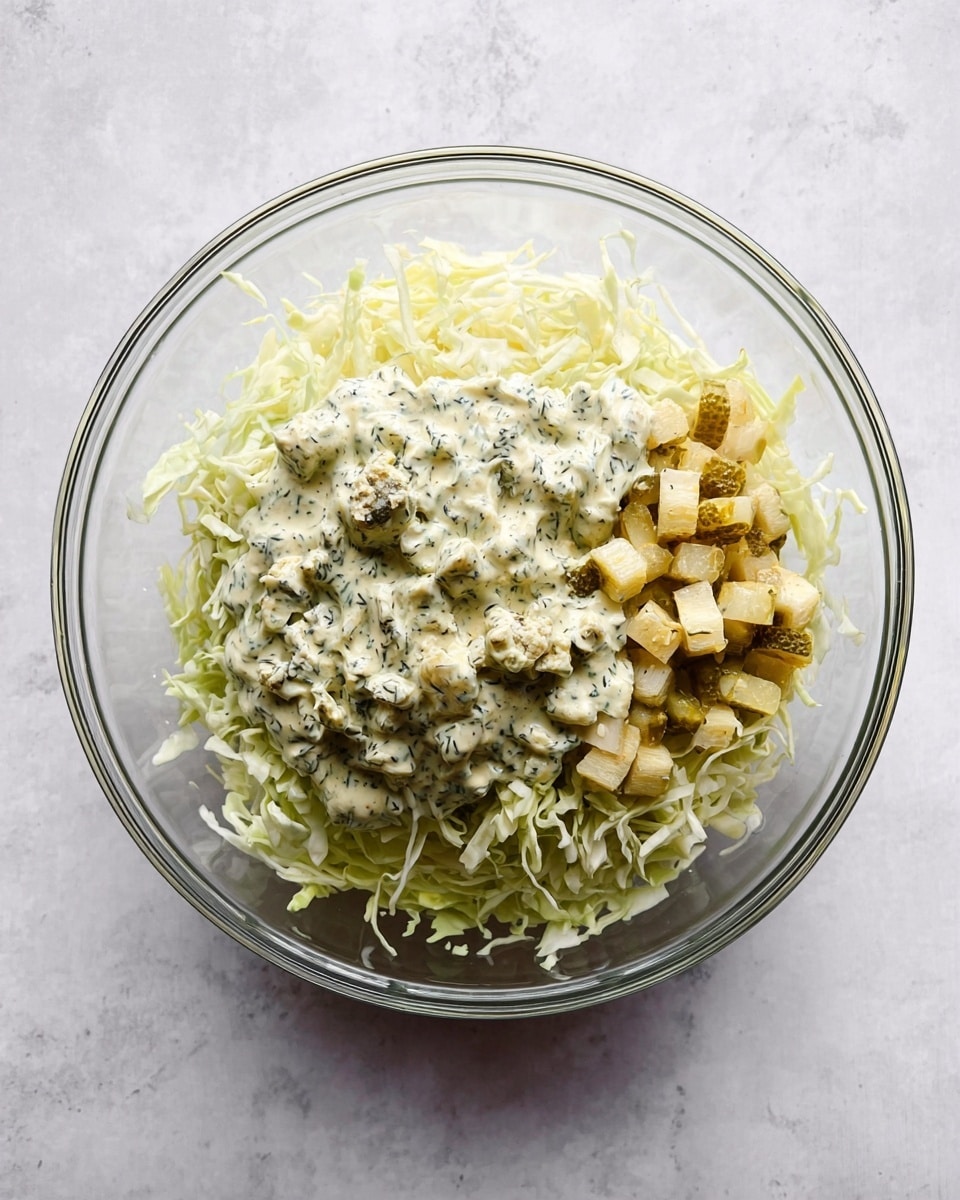 A clear glass bowl sits on a white marbled surface, filled with three main layers. The bottom layer is a large pile of pale green shredded cabbage, soft in texture and loosely packed. On top of the cabbage are small cubes of light brown and cream pickles scattered mostly on the right side. Mixed evenly over these layers is a creamy sauce dotted with small dark green herb bits, spread in thick dollops across the cabbage and pickles. The overall look is fresh and light with a mix of smooth sauce and crunchy vegetables. photo taken with an iphone --ar 4:5 --v 7