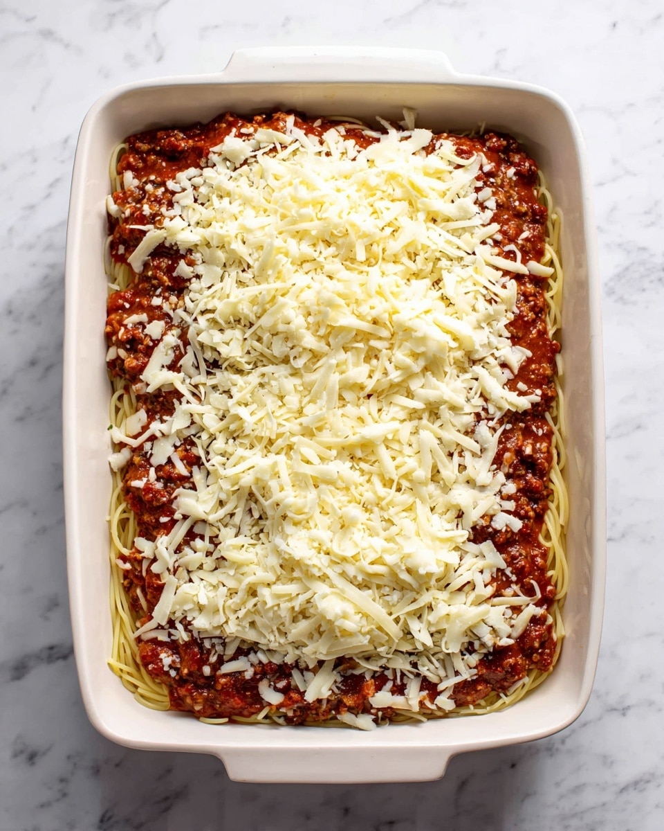 A white rectangular baking dish filled with layered food. The bottom layer is thin spaghetti noodles, light yellow in color. Above the noodles is a thick layer of rich red-brown tomato and meat sauce with visible chunks of meat and herbs. The top layer is a generous amount of shredded white cheese spread evenly across the surface. The dish sits on a white marbled surface. Photo taken with an iphone --ar 4:5 --v 7