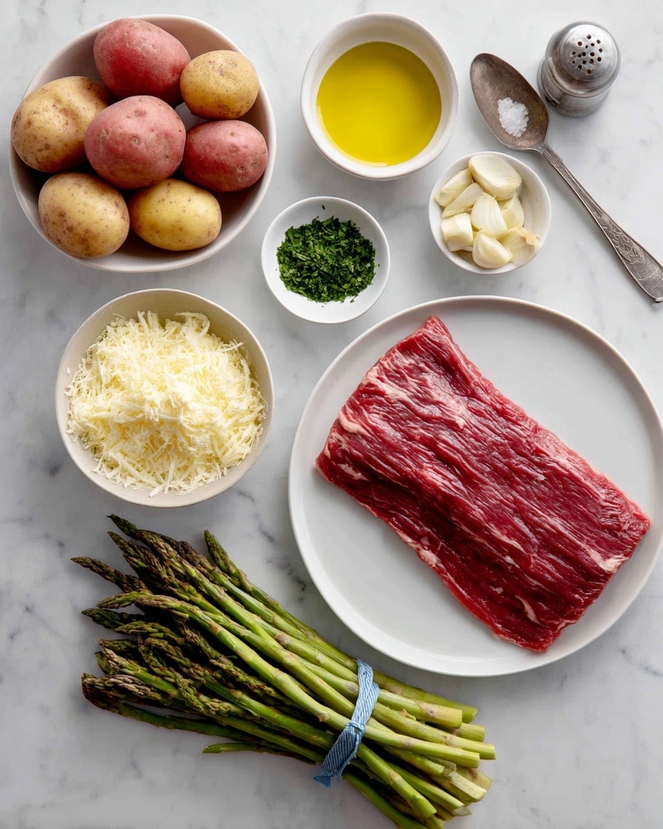 The image shows raw ingredients for a meal arranged neatly on a white marbled surface. On the right, a large piece of raw flank steak lies flat on a white plate, its dark red color with fine white marbling visible. To the left, two small white bowls hold several red potatoes with smooth skin and grated parmesan cheese, soft and pale yellow. Just above these bowls is a small white bowl filled with golden olive oil. Close by, there is a peppercorn grinder placed horizontally and a silver spoon measuring dried parsley with a green, fine texture. Another small white bowl holds minced garlic with a light beige, slightly wet texture. On the far right bottom, a bundle of fresh asparagus with green stalks is tied with a blue rubber band. Photo taken with an iphone --ar 4:5 --v 7