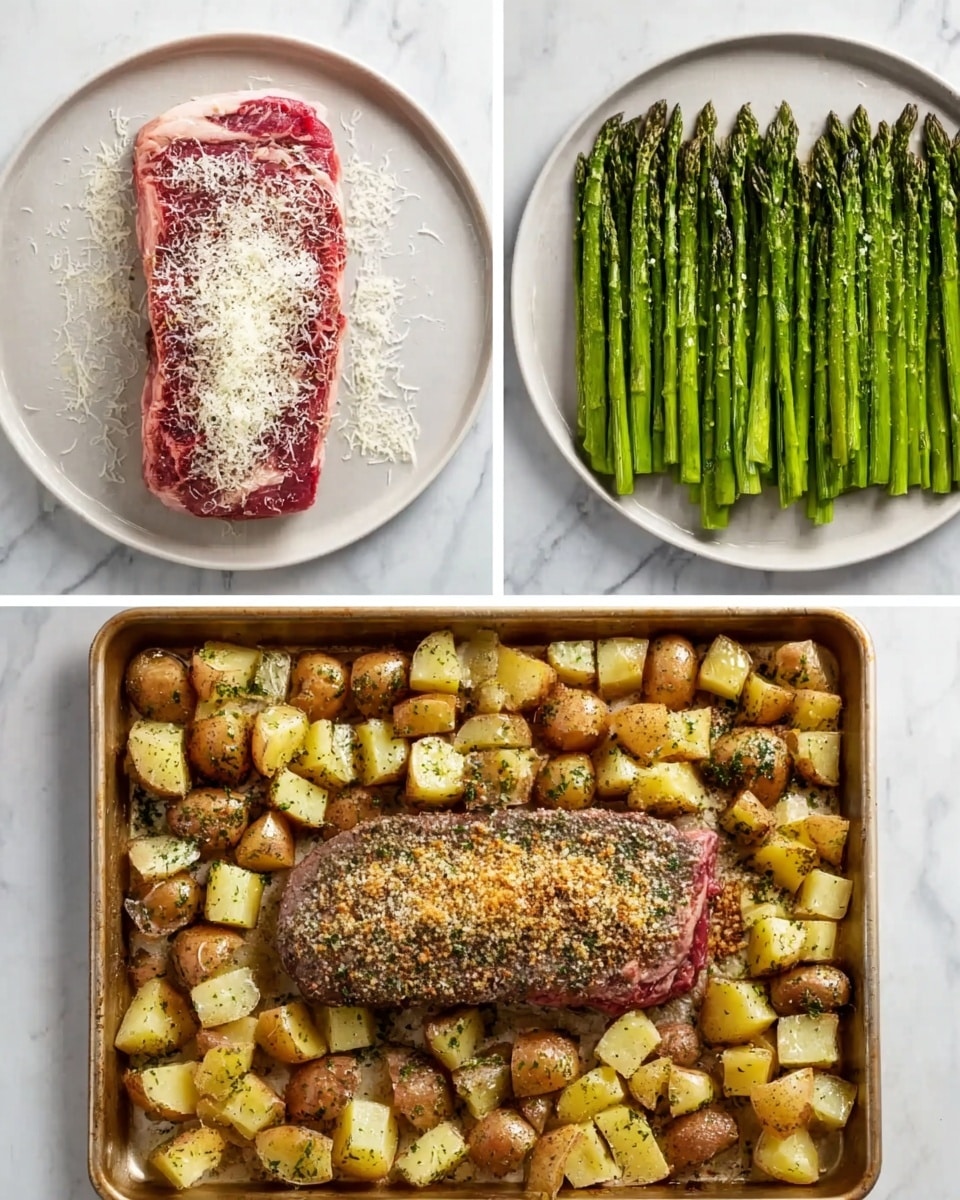 The first image shows a flat raw steak on a white plate, sprinkled with a layer of grated cheese and some seasoning. The second image shows a large baking tray on a white marbled surface, with the same raw steak in the middle, a row of green asparagus at the top, and cubed potatoes seasoned with herbs covering the bottom half. More grated cheese is sprinkled over both the steak and asparagus. The third image shows the same baking tray and ingredients after cooking; the steak is browned and topped with a crispy seasoning mix, the asparagus is bright green and tender, and the potatoes have a golden, roasted texture. photo taken with an iphone --ar 4:5 --v 7