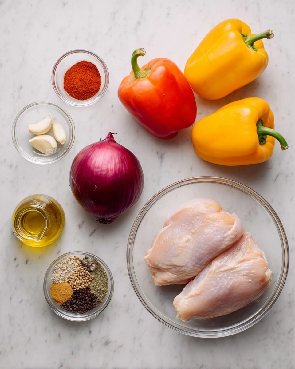 The image shows fresh cooking ingredients arranged neatly on a white marbled surface. There are two raw pale pink chicken pieces in a clear glass bowl on the right. Next to the chicken, three whole bell peppers are placed: one red, one yellow, and one orange, each smooth and shiny with a green stem. Near the top left, two small clear glass bowls hold spices – one with red powder and another with two peeled garlic cloves. A small bottle of golden olive oil stands close by. Toward the bottom left, a clear glass bowl contains a mix of different colorful dried spices like white, brown, red, and black. A whole red onion with its purple skin is positioned near the bowls. The clean, bright setup highlights each ingredient’s natural color and texture. Photo taken with an iphone --ar 4:5 --v 7