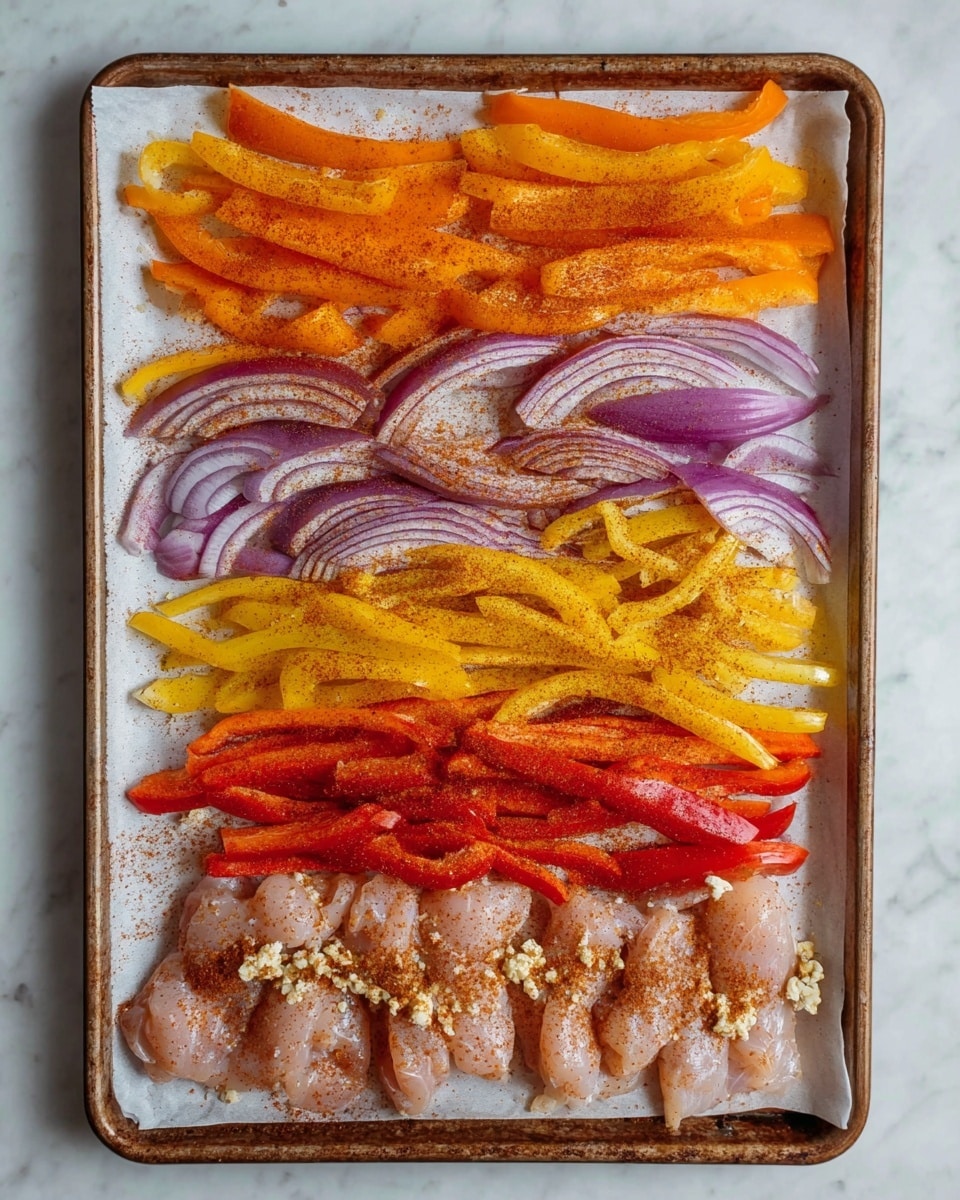 The image shows a baking tray lined with white paper holding layers of food. On the top layer, there are orange pepper strips spread out in an even row. Below them, there are thin purple onion slices covering the tray evenly. Under the onions, there are bright yellow pepper strips placed in a neat row. Below the yellow peppers, there is a layer of red pepper strips, also arranged in a straight line. At the bottom, raw chicken pieces are laid in a row. All layers are sprinkled with a reddish-brown spice and small bits of chopped garlic scattered mostly near the middle. The tray is set on a white marbled surface. Photo taken with an iphone --ar 4:5 --v 7