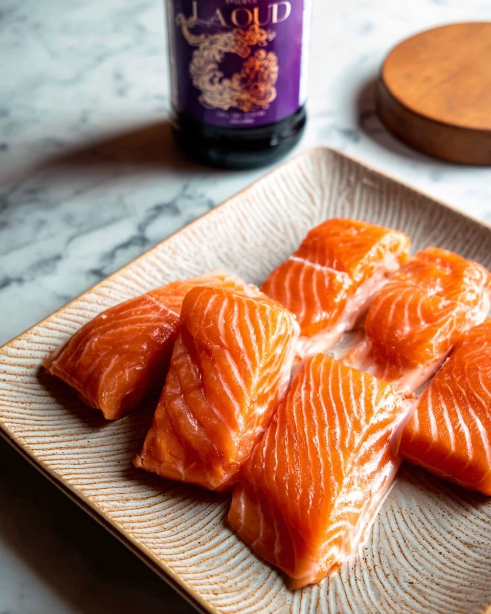 There are five pieces of raw salmon laid out on a textured white plate. Each piece has a bright orange color with white lines showing the fish’s natural pattern. The salmon pieces are placed close together, filling the right side of the plate. Behind the plate, on a white marbled surface, there is a bottle with a purple label and purple writing, standing tall. To the right of the bottle and behind the plate, a small round wooden object is placed. The lighting highlights the shiny, fresh look of the salmon. photo taken with an iphone --ar 4:5 --v 7