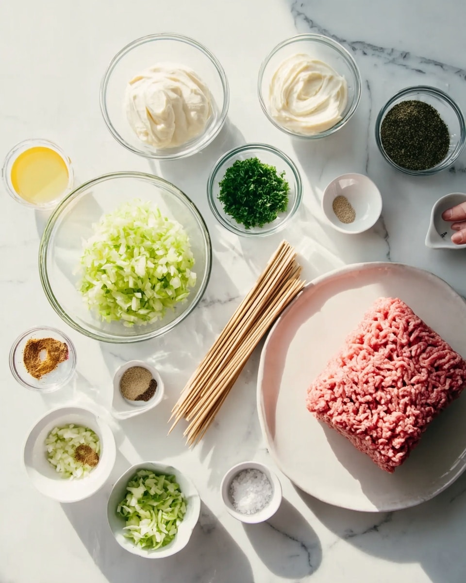 The image shows a flat white plate with a block of raw ground meat at the top right. Around the plate, on a white marbled surface, there are several small clear bowls and dishes with various ingredients arranged in a loose circle. At the top left, a clear glass bowl holds a creamy white substance. To its right, a small bowl contains a dark green herb or spice. In front of these are three wooden skewers lying parallel. There is a white bowl with light green grated vegetables near the center bottom left. Two small bowls and one tiny bowl contain different fine powders and spices, and another bowl has fresh chopped green herbs. One small bowl has finely chopped white onions, and another has finely minced garlic. A small dish near the bottom left holds a light liquid, likely lemon juice. A woman's hand is reaching from the left side toward one of the bowls. The whole setup is neat with bright natural light highlighting the textures and colors of the ingredients photo taken with an iphone --ar 4:5 --v 7