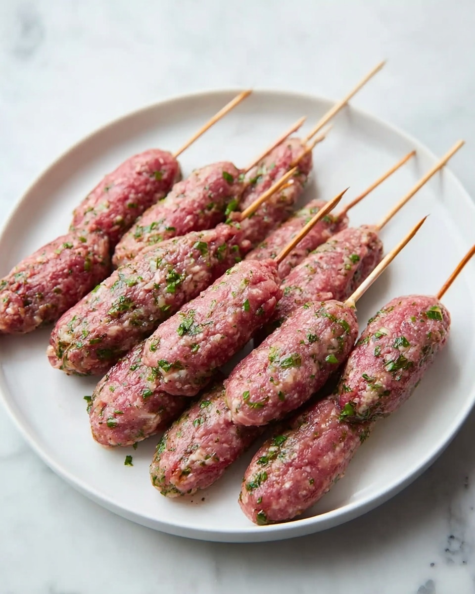 The image shows eight raw meat skewers arranged on a white plate. Each skewer has a single elongated, oval-shaped meat portion that is pink in color with green herbs mixed throughout, giving it a speckled texture. The skewers are evenly spaced, lying flat on the plate, which rests on a white marbled surface. The meat mixture looks moist and slightly coarse, and the wooden sticks extend from one end of each meat piece. Photo taken with an iphone --ar 4:5 --v 7