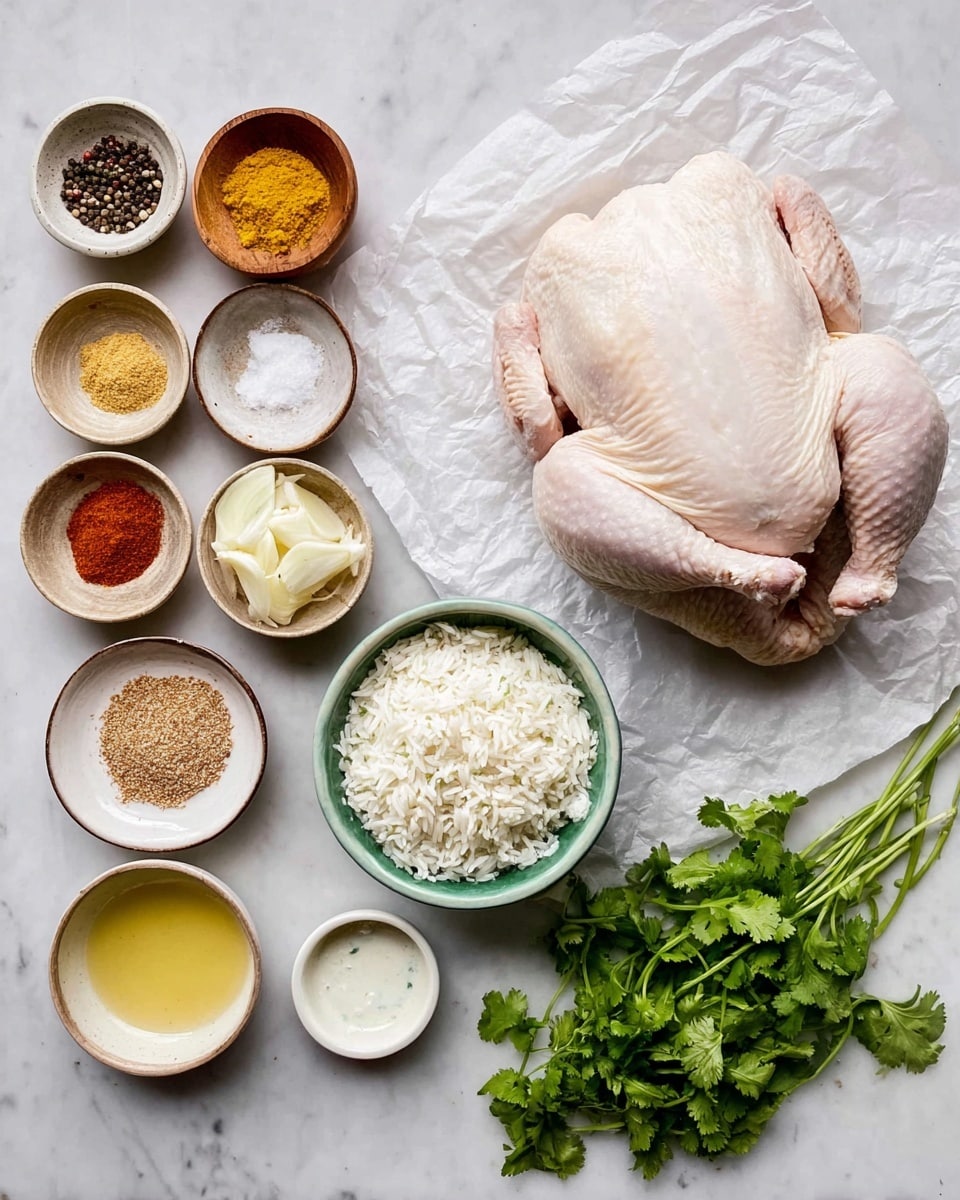 The image shows a whole raw chicken placed on white parchment paper on the right side, with its pale skin and wings folded inward. To the left of the chicken, there is a group of small round bowls arranged in three vertical columns with various spices and ingredients: black pepper in a wooden bowl, light yellow minced garlic, white minced onion, white salt in a small round bowl, two types of powdered spices in reddish and brown colors, a light brown ground spice, and turmeric powder in yellow. On the far left, there is a white bowl filled with cooked white rice and below it, a green bowl holding a creamy white sauce with green herb pieces mixed in. On the far right, there is a bunch of fresh green cilantro and a small white bowl with a light yellow liquid. All items are placed on a white marbled surface. photo taken with an iphone --ar 4:5 --v 7
