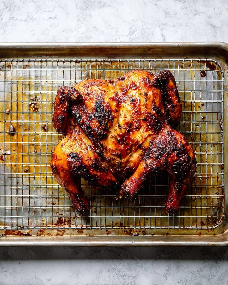 A whole spatchcock chicken is placed on a metal wire rack over a baking tray. The chicken has a crispy, browned skin with some darker spots of char, showing a mix of golden brown and deep reddish-brown colors. The skin texture looks crunchy and slightly oily with some seasoning visible on the surface. The baking tray has some cooked juices and small bits stuck to it, adding to the cooked look. The background shows a white marbled textured surface. photo taken with an iphone --ar 4:5 --v 7