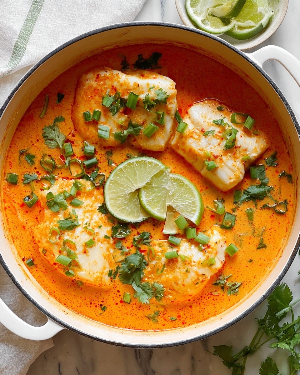 A white pot filled with four pieces of light beige fish fillets sitting in a bright orange creamy sauce, with chopped green onions and fresh cilantro leaves scattered over the top. Two lime halves float on the surface, adding a fresh green contrast. The pot rests on a white marbled surface with a hint of a white towel and green lime wedges visible in the background. The overall scene looks warm and inviting. photo taken with an iphone --ar 4:5 --v 7