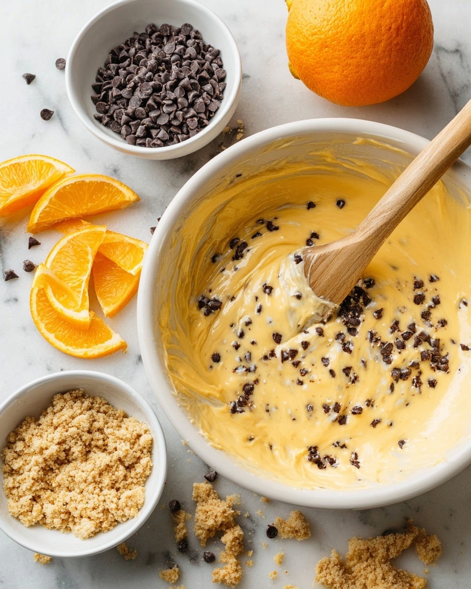 A large white bowl filled with creamy, light yellow batter that has dark chocolate chips mixed in, with a wooden spatula resting inside the bowl. Around it, there are three smaller white bowls: one filled with dark chocolate chips, one with a crumbly light brown mixture, and one holding several bright orange slices. A whole orange sits on the white marbled surface near the bowls. Some chocolate chips and crumbs are scattered across the surface. The textures show the smooth batter with chunky chocolate bits and the crumbly topping. photo taken with an iphone --ar 4:5 --v 7