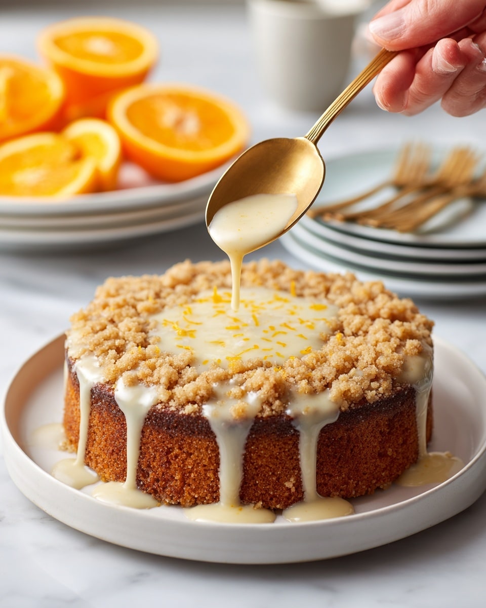 The image shows a close-up of a single-layer crumb cake on a white plate, placed on a white marbled surface. The cake has a dark brown base with a crumbly golden brown topping. A woman’s hand holds a gold spoon above the cake, slowly pouring a light cream-colored glaze with specks of orange zest over the crumb topping, with some glaze dripping down the sides. In the background, slightly out of focus, there is a white plate with sliced bright orange rounds and stacked white plates with gold forks. Photo taken with an iphone --ar 4:5 --v 7