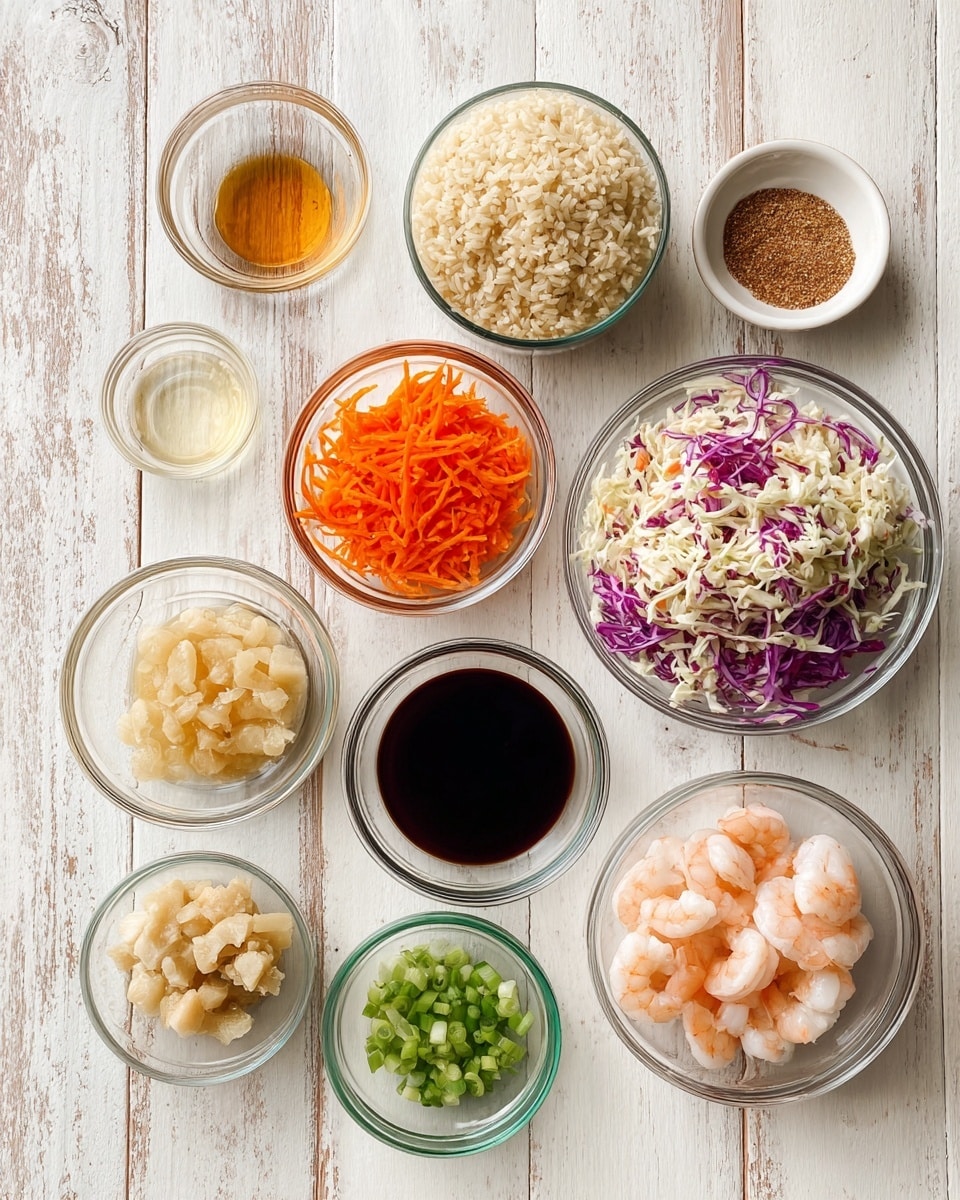 Nine clear glass bowls sit on a white marbled wooden surface. At the center top is a bowl filled with light tan cooked rice. Below it to the right, a bowl holds a colorful mix of cole slaw with purple, white, and orange shredded vegetables. To the right of the rice are two smaller bowls, one with bright orange shredded carrots and one with chopped green onions. To the left of the rice, a small bowl contains light brown chunks of garlic and ginger. Below that is a bowl filled with raw pink shrimp, and to its left is a bowl of dark soy sauce. Above the soy sauce bowl is a tiny bowl of clear rice vinegar, and next to it is a similarly small bowl with amber sesame oil. At the top right corner, a small bowl of brown Chinese five-spice powder completes the arrangement. Photo taken with an iphone --ar 4:5 --v 7