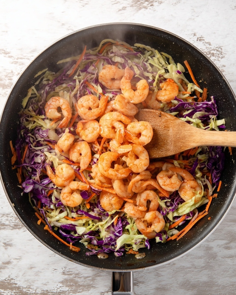 A black pan filled with a colorful stir fry showing three main layers: the bottom layer has shredded light green and purple cabbage, the middle layer has thin orange carrot strips mixed evenly with the cabbage, and the top layer features many orange cooked shrimp spread across the center. A wooden spoon is stirring on the right side, touching the shrimp and vegetables, with soft steam rising around the food. The pan sits on a white marbled textured surface. photo taken with an iphone --ar 4:5 --v 7