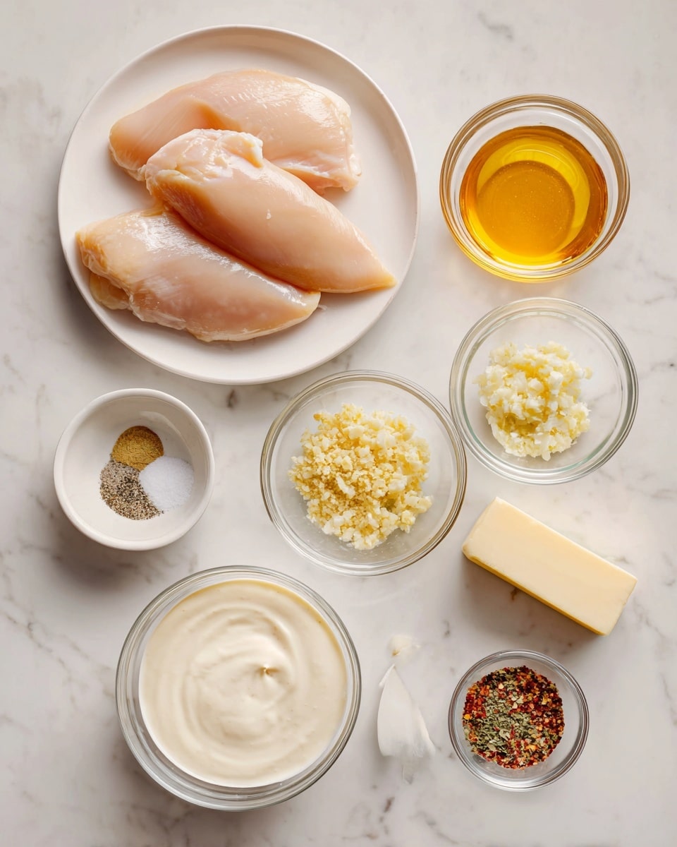 The image shows seven items arranged on a white marbled surface. At the top left, a white plate holds four large, smooth, pale pink pieces of chicken without skin, overlapping in layers. To the right, a small clear glass bowl contains golden honey, with a shiny, thick texture. Below it, a similar small glass bowl holds finely minced garlic, yellowish-white in color and textured. Near the bottom center a large clear glass bowl holds heavy cream, smooth and white. To the left of it, a medium clear glass bowl filled with creamy, light yellow Dijon mustard with a slightly thick texture. Towards the bottom left, a small white bowl contains salt and black pepper, divided evenly. Between these bowls is a small rectangular stick of butter, pale yellow with a paper wrapper. At the bottom right, a small clear glass bowl contains a mix of red, green, and off-white dry spices arranged in sections. Photo taken with an iphone --ar 4:5 --v 7