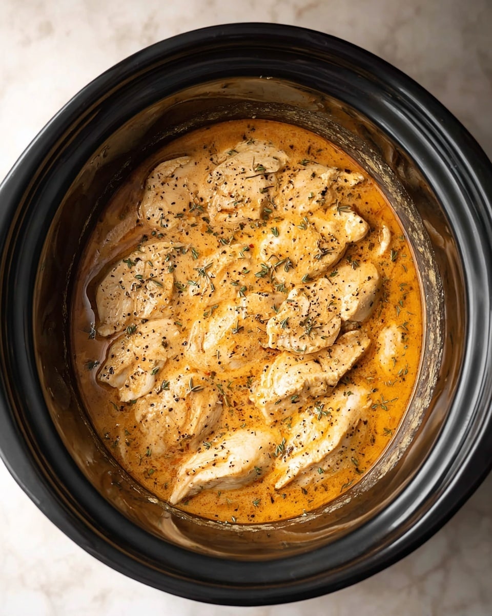 In a black slow cooker, there are many pieces of light beige cooked chicken layered evenly, covered in a creamy orange sauce with visible black pepper and herbs spread throughout. The sauce has a smooth texture with a little oily shine on top. The slow cooker sits on a white marbled surface that softly reflects light. photo taken with an iphone --ar 4:5 --v 7