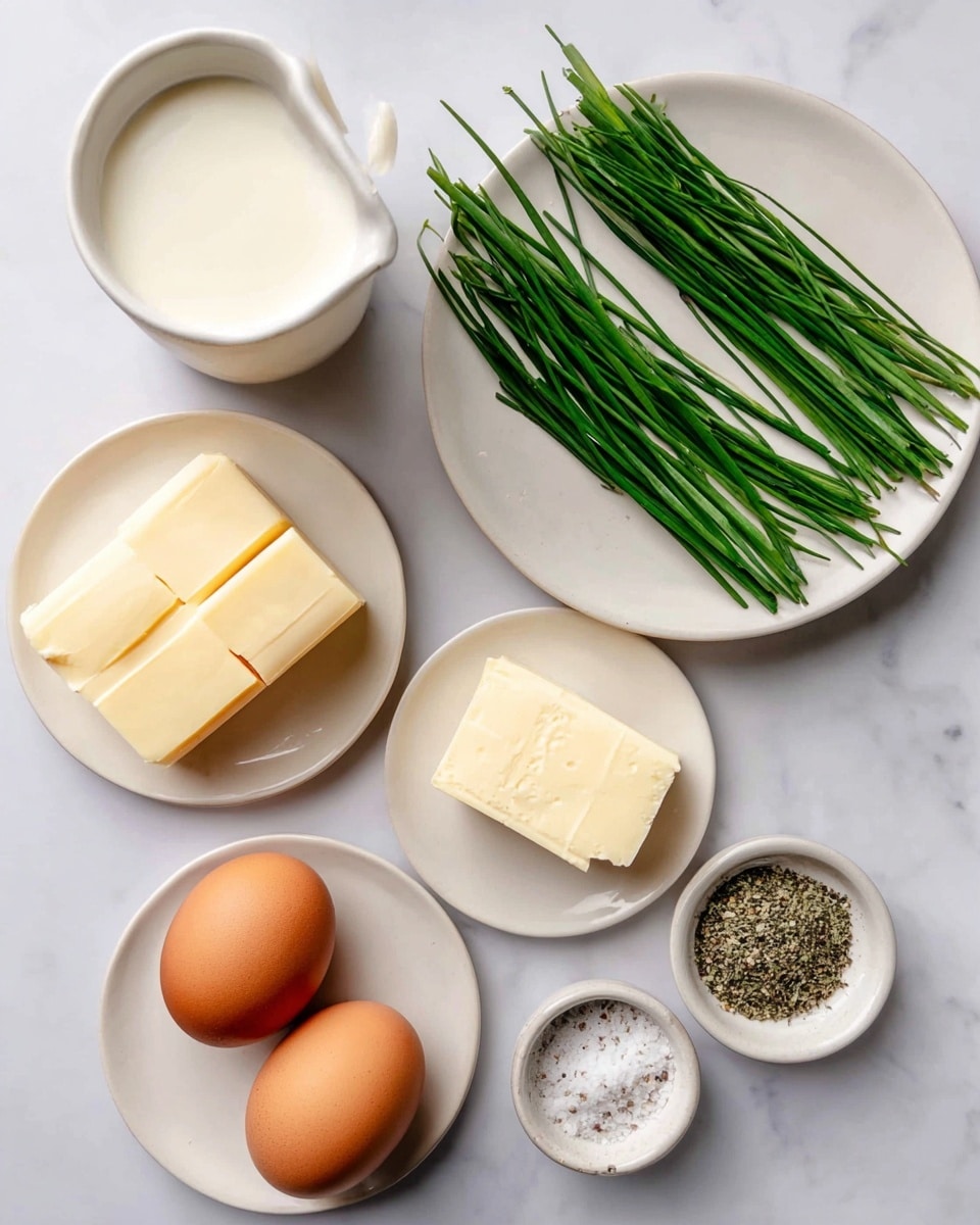 The image shows six small white plates arranged on a white marbled surface. One round white plate at the top center holds several fresh, long green chives neatly aligned side by side. Below it and to the left, a small white cup contains a smooth, creamy white liquid labeled heavy cream. To the right, a small white plate holds a square pat of light yellow butter. At the bottom left, a small white plate displays two rectangular blocks of pale yellow cheese. Next to the cheese plate, two brown eggs rest directly on the surface. Finally, at the bottom right, a small round plate contains a mix of coarse salt and black pepper. Each ingredient is clearly separated and labeled. photo taken with an iphone --ar 4:5 --v 7