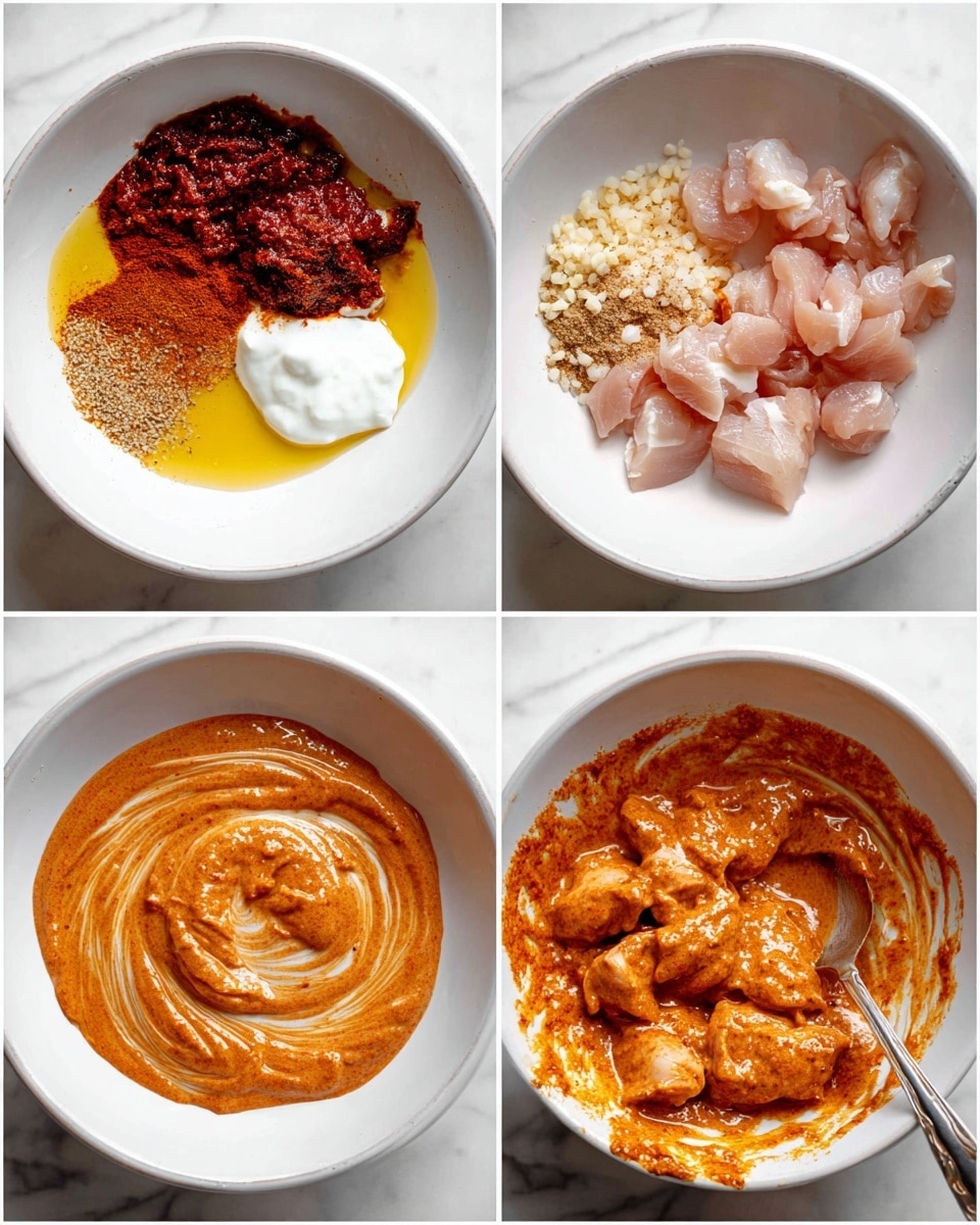 A white bowl sits on a white marbled surface. In the first image, the bowl holds several colorful ingredients placed in separate clumps: a dark red thick paste, a bright yellow oily liquid pooling around the edges, a white creamy dollop, small beige minced bits, and scattered brown spices. In the second image, the bowl contains a smooth reddish-orange creamy mixture swirled evenly across the bowl. In the third image, small raw pieces of light pink meat are piled on top of the reddish-orange mixture. In the fourth image, the meat is mixed fully into the sauce, coated in the thick textured reddish-orange marinade, with a metal spoon resting on the side. Photo taken with an iphone --ar 4:5 --v 7