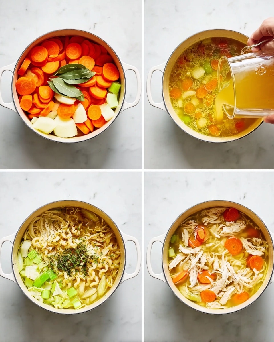 The image shows four white pots on a white marbled surface, each with different stages of making a soup. The first pot is filled with large slices of carrots, celery, chopped onions, and a few bay leaves on top, all bright and fresh. The second pot shows the same vegetables but now with golden-yellow broth poured in from a clear glass container by a woman's hand. The third pot contains the soup with added shredded cooked chicken, small pieces of curly noodles, and visible black pepper on top, with the same vegetables below. The fourth pot is filled with the finished soup, where all ingredients are cooked and mixed evenly, showing soft noodles, tender chicken, carrot slices, and bay leaves floating on the bright yellow broth. Photo taken with an iphone --ar 4:5 --v 7