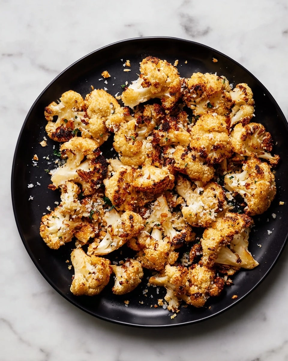 A round black plate on a white marbled surface holds one layer of roasted cauliflower pieces. Each piece is light golden brown with darker brown charred spots and a slightly crispy texture. The pieces are irregular in shape, and some small bits of cauliflower and seasoning are scattered around the plate edges. Photo taken with an iphone --ar 4:5 --v 7