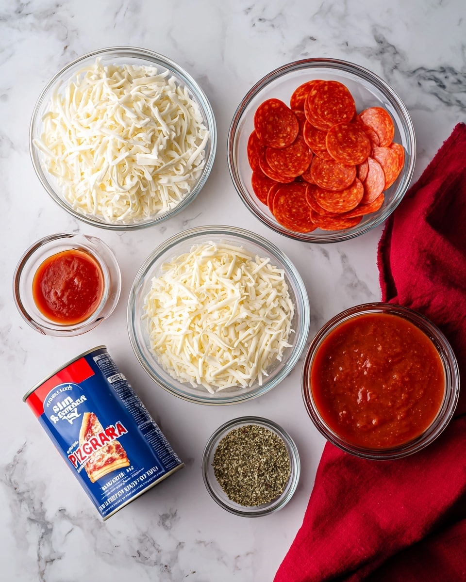 A flat lay image shows ingredients for making pizza on a white marbled surface with a red cloth in the background. There are five clear glass bowls placed neatly in a loose circle: one bowl of shredded mozzarella cheese with white and light yellow strands at the top left, a bowl of round pepperoni slices with red and orange shades at the top right, a bowl of finely grated parmesan cheese with a pale yellow texture below the mozzarella, a bowl of smooth reddish-brown pizza sauce below the pepperoni, and a small bowl of green Italian seasoning near the bottom right. At the bottom center, a blue and red can of refrigerated pizza crust is placed diagonally, standing out with its bright colors. photo taken with an iphone --ar 4:5 --v 7