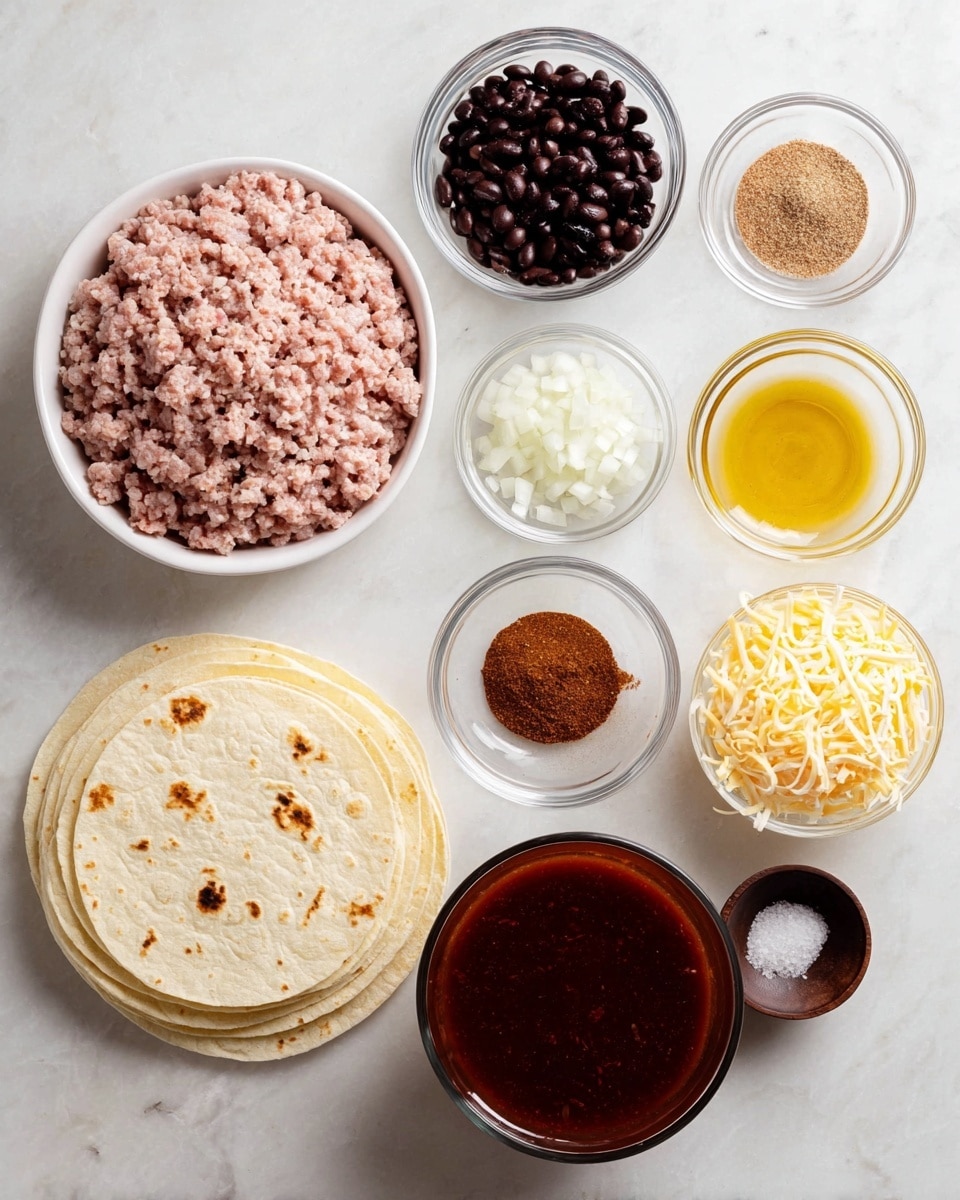 The image shows a top-down view of ingredients neatly arranged on a white marbled surface. Starting from the bottom left, there is a stack of soft, pale yellow tortillas with slight brown spots. Above it, there is a white bowl filled with ground meat, light pink in color with some white fat visible. To the right of the meat, there is a small clear glass bowl full of chopped white onions. Next to the onions, at the center bottom, is a larger clear glass bowl filled with rich, dark red sauce. Above the sauce bowl, there is a white bowl with four separate powder spices in brown, beige, and dark red hues. To the right of the spices, a medium-sized clear glass bowl contains shredded cheese, a mix of pale yellow and white. At the top left, another clear glass bowl is filled with dark brown or black beans. Near the top right is a small clear glass bowl with golden yellow oil. Finally, at the far right top corner, a tiny dark wooden bowl has coarse white salt. All containers are evenly spaced and placed on the white marbled background. photo taken with an iphone --ar 4:5 --v 7