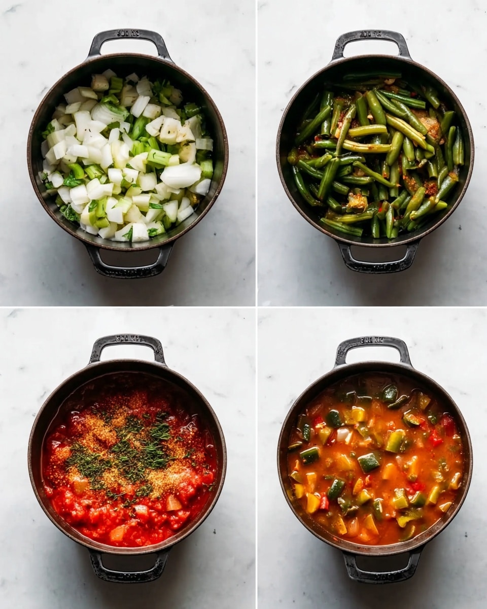 The image shows a black pot with two handles on a white marbled surface from four different stages of cooking a vegetable stew. In the first stage (top left), the pot is filled with chopped white and green vegetables with a soft texture. In the second stage (top right), more green vegetables, including some long green beans, are added to the pot over the initial vegetables. The third stage (bottom left) shows the pot with added red tomato sauce, herbs, and spices on top of the vegetables. The final stage (bottom right) shows the cooked stew with all ingredients mixed into a rich red-orange broth with visible chunks of green beans and other vegetables, creating a hearty and colorful dish. photo taken with an iphone --ar 4:5 --v 7