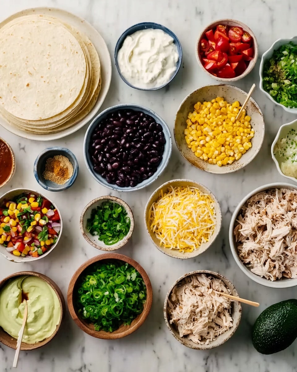 The image shows many small white bowls arranged on a white marbled surface, each with different ingredients. There is a stack of pale beige tortillas on the top left. Bowls contain creamy white sour cream, dark black beans, bright yellow corn, shredded white cheese, finely chopped green herbs, small red diced tomatoes, sliced green onions, and shredded white meat. One bowl has a pale green sauce, another has light brown seasoning, and there's a whole dark green avocado on the bottom right. A woman's hand holds a toothpick near the stack of tortillas. The bowls and ingredients create a colorful and fresh-looking setup. Photo taken with an iphone --ar 4:5 --v 7