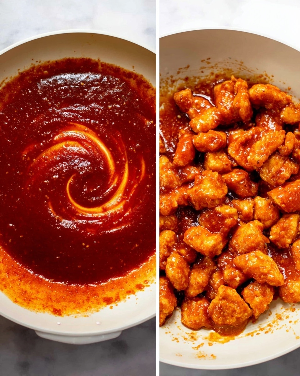 A white pan on a white marbled surface holds a thick, shiny red sauce with a smooth, glossy texture, swirled in the middle showing its rich consistency. In the next image, the same white pan contains many small, golden-brown pieces of chicken coated evenly with the same red sauce, giving the dish a sticky and flavorful look. The chicken pieces have a slightly crispy texture and are well covered, with some sauce splashed along the sides of the pan. photo taken with an iphone --ar 4:5 --v 7