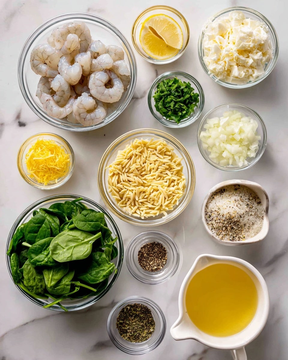 The image shows a white marbled surface with multiple clear glass bowls and small dishes arranged neatly. The largest bowls hold raw shrimp with a pale gray color, fresh spinach leaves in bright green, and orzo pasta in a light yellow shade. Smaller bowls contain finely chopped white onion, minced garlic, yellow lemon zest, melted yellow butter, chopped green parsley, grated pale yellow Parmesan cheese, and a small amount of olive oil with a golden hue. Additionally, there are tiny dishes with seasoning including Italian seasoning, salt and pepper, all in different shades of brown and black. A small white measuring cup holds bright yellow chicken broth. The setup is clean and well organized, with all ingredients visible and labeled. Photo taken with an iphone --ar 4:5 --v 7