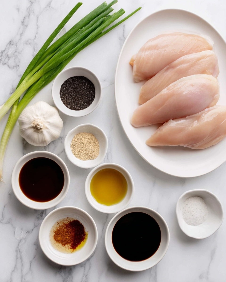 The image shows fresh raw chicken placed on a white plate on the right side, with four smooth, pale pink chicken pieces stacked together. Below and to the left of the plate, there are seven small white bowls filled with different ingredients: black pepper, a dark brown sauce, white salt, a thick black paste, light yellow vinegar, amber-colored honey, and dark soy sauce. Above these bowls, a white garlic bulb sits in the middle. At the top left, there are three green onions with bright green stalks and white bulbs resting on a white marbled surface. The setup is bright and clean, with the ingredients neatly spaced out. Photo taken with an iphone --ar 4:5 --v 7