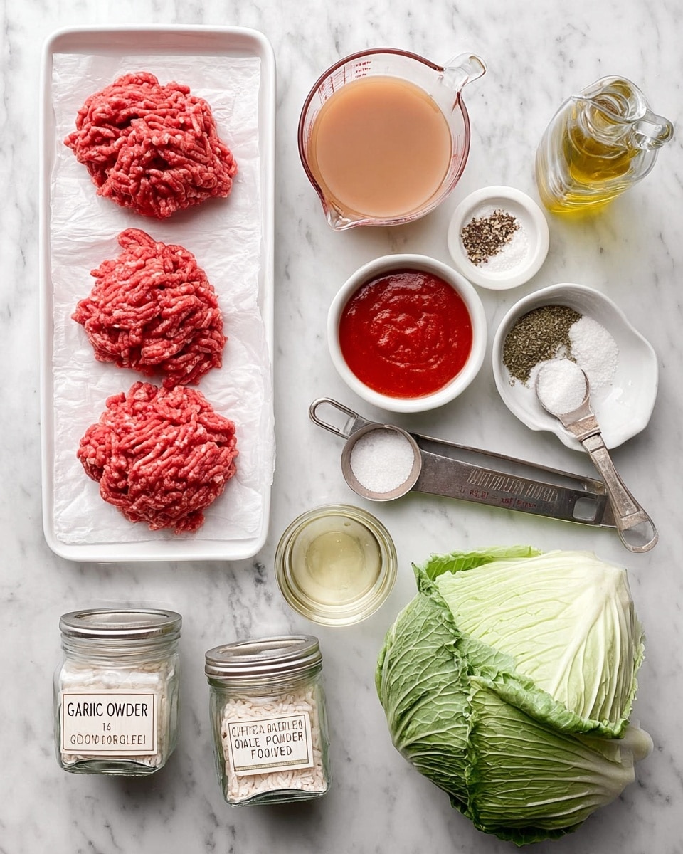 The image shows a collection of raw ingredients arranged neatly on a white marbled surface. There is a white tray lined with white parchment paper holding two large piles of red ground meat with a slightly coarse texture. Nearby, a glass measuring cup filled with light brown broth sits above a small white bowl of salt and a small white bowl of black pepper. Next to these, two clear glass jars labeled