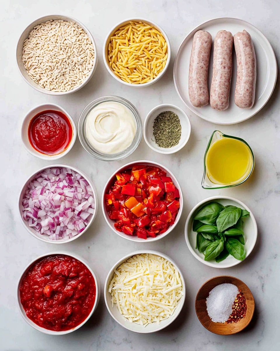 A top-down view of 14 small white bowls arranged neatly on a white marbled surface, each holding a different ingredient: raw pale sausages on a white plate at the top right, uncooked orzo pasta that looks like small pale grains in a bowl at top center, bright yellow oil in a glass measuring cup on the right middle row, deep red tomato paste in a small bowl at top left, chunky crushed red tomatoes in the middle, bright red chopped bell peppers near the right center, finely chopped red onions in a bowl on the left center, smooth white cream or sauce below the onions, creamy grated cheese next to it, finely minced garlic below the cheese, dried green herbs in a little bowl below the garlic, fresh green basil leaves at bottom right, coarse black pepper above crushed red pepper flakes at bottom right, and coarse white salt in a small wooden bowl at bottom right; the colors are vibrant and the bowls create a tidy, organized look photo taken with an iphone --ar 4:5 --v 7