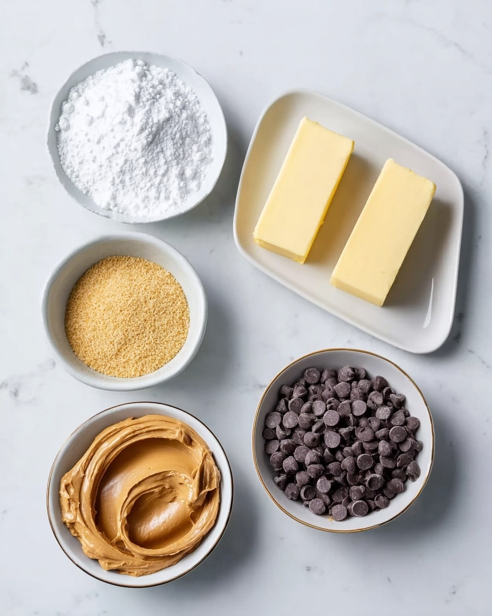 The image shows five white dishes arranged on a white marbled surface. From the top left, a round white bowl is filled with white powdered sugar, showing a fine, powdery texture. Next to it, a round white bowl contains a yellowish granular ingredient, with a rough texture. To the right, a rectangular white plate holds two smooth yellow slabs of butter. Below the powdered sugar, there is a round white bowl with creamy peanut butter, showing smooth swirls. At the bottom right, a round white bowl with a thin gold rim holds a large amount of dark brown chocolate chips, which have a small, smooth, and shiny texture. photo taken with an iphone --ar 4:5 --v 7