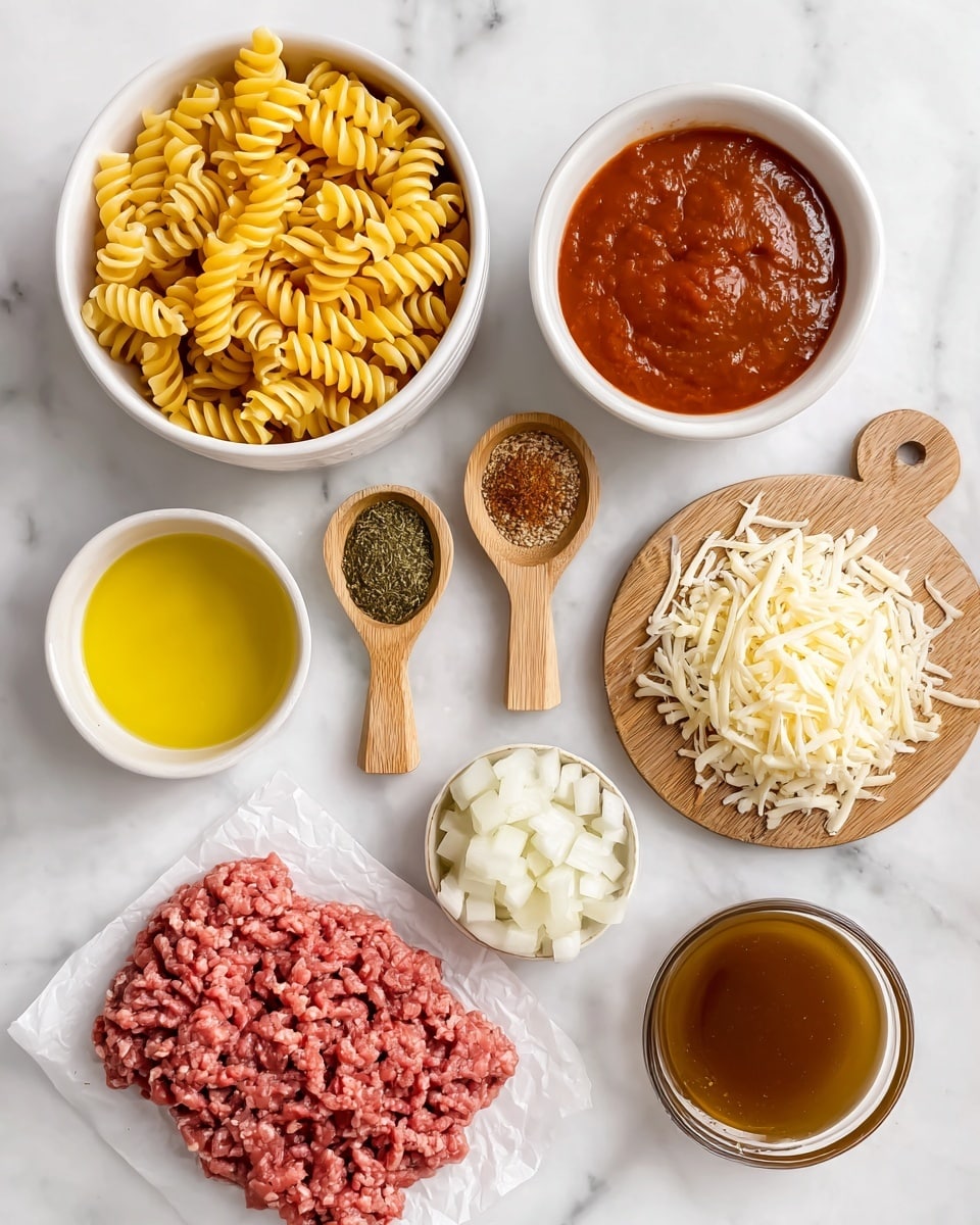 The image shows ingredients for cooking arranged on a white marbled surface. There is a white bowl filled with yellow rotini pasta at the top left. To the right, a small white bowl contains red enchilada sauce. Below the sauce are two small wooden spoons holding greenish-brown and red seasonings, placed side by side. Near the bottom center, a small white bowl contains yellow olive oil, while next to it on the right is a small round wooden cutting board topped with shredded white cheese. A small wooden bowl filled with white onion pieces is positioned below the rotini. Below the onions, a piece of parchment paper holds raw ground beef with a pinkish-red color. At the bottom right corner, a small glass container holds brown beef broth. photo taken with an iphone --ar 4:5 --v 7
