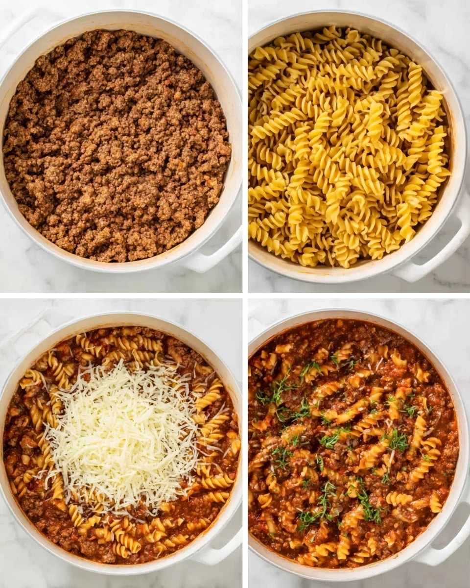 A white pot is shown in four panels. The first panel shows a layer of cooked ground meat with a light brown, crumbly texture filling the pot. In the second panel, the meat is covered with uncooked yellow spiral pasta being added on top, sitting in reddish sauce beneath. The third panel shows the pasta cooked and mixed with the meat and sauce, topped with a layer of shredded white cheese in the center. The last panel displays the whole dish stirred together, with the pasta, meat, and sauce evenly mixed and garnished with small green herb leaves on top. The pot sits on a white marbled surface. Photo taken with an iphone --ar 4:5 --v 7